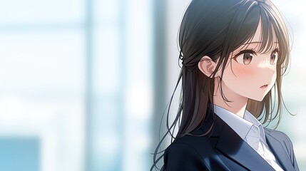 オフィスで仕事をするアニメ調の日本人美少女