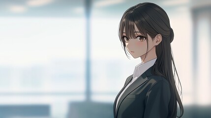 オフィスで仕事をするアニメ調の日本人美少女