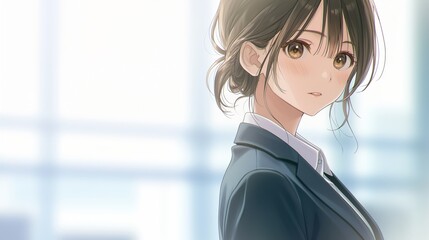 オフィスで仕事をするアニメ調の日本人美少女