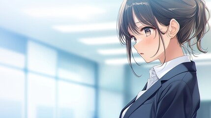 オフィスで仕事をするアニメ調の日本人美少女