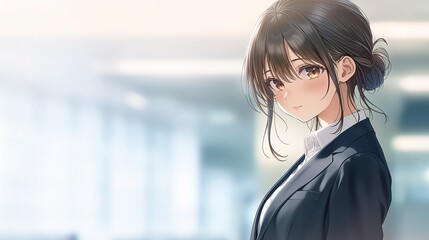 オフィスで仕事をするアニメ調の日本人美少女