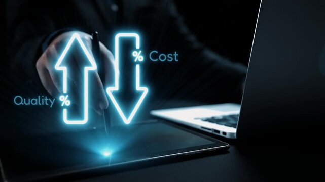A striking digital illustration showcasing a business concept of quality and cost metrics, depicted with glowing arrows. Ideal for finance, strategy, and analysis themes. Qubit