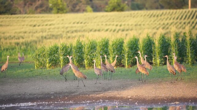Sandhill cranes field of corn 