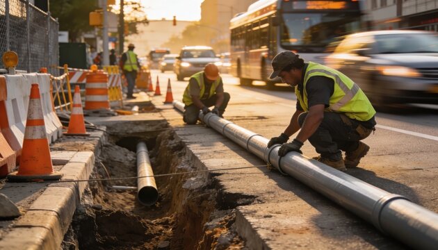 Shot of a construction crew installing conduit ducts along a busy urban street spotlighting the core installation process with surrounding roadwork and vehicles gently blurred.