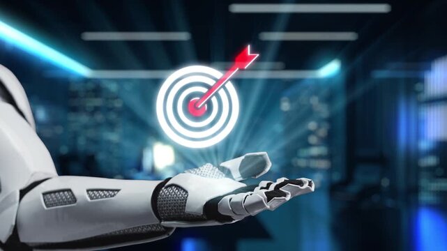 A robotic arm holds a glowing target symbol surrounded by digital icons in a modern office, representing the intersection of technology and business innovation. Auvana