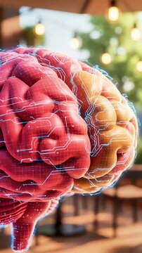 Futuristic Human Brain Illustration - Digital Circuitry Overlay Concept for AI Neuroscience Technology and Innovation in a Modern Workspace Setting