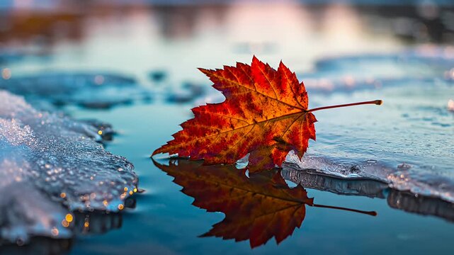 Vibrant autumn leaf rests on icy water with reflection