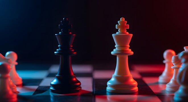 Chess pieces on a board with a dramatic red and blue lighting effect isolated on black background is not valid, instead dramatic chess pieces on a board with red and blue lighting