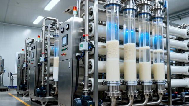 Medium shot of ultrafiltration modules processing starch slurry showcasing advanced membrane technology on clean factory skids for sustainable concentration methods.
