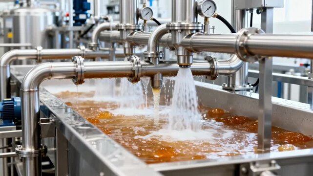 Medium shot capturing jelly manufacturing with CIP system automatically cleaning pipelines and nozzles ensuring hygienic syrup flow without manual dismantling.