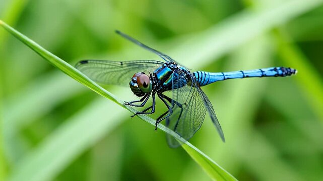 Vibrant blue dragonfly perched on a green blade of grass