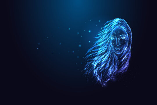 Digital Female Avatar. AI Woman Portrait in Futuristic Polygon Mesh Neon Vector Style