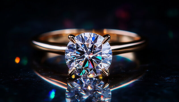 Luxury Brilliant Cut Diamond Ring with Sparkling Reflections in Dramatic Macro Lighting, Glamorous Fine Jewelry Advertising