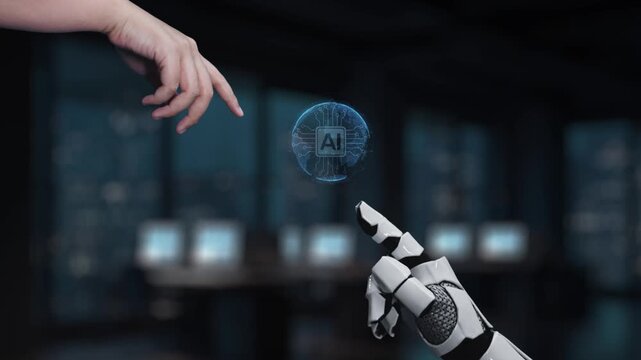 A human hand reaches towards a digital representation of artificial intelligence, symbolizing collaboration between humans and technology in a modern workspace. Synapse