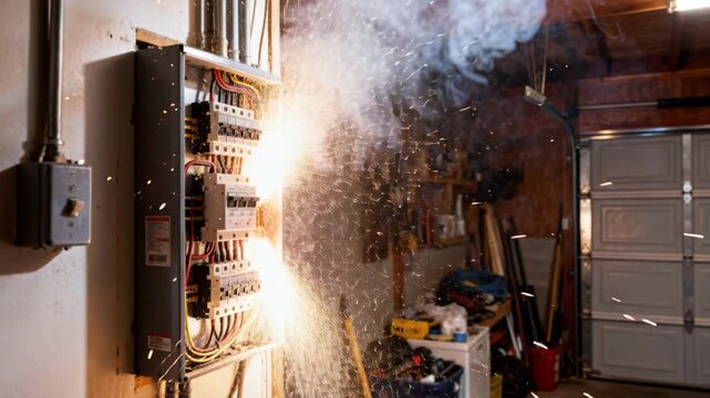 Bright sparks fly from a circuit breaker box as white smoke fills the air in a workshop room.