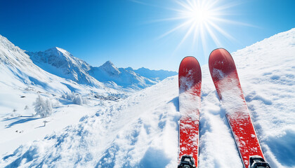 Fototapeta premium Modern Skis in Fresh Alpine Snow Under Bright Blue Sky, Glamorous Winter Resort Advertising Concept