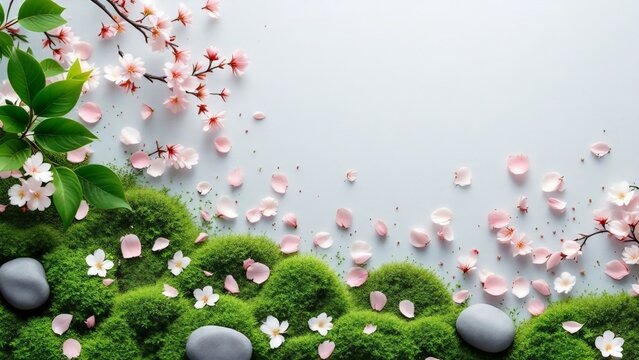 Moss garden border with stones and scattered pink cherry blossoms.