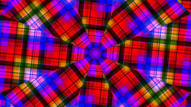 Vibrant multicolored plaid pattern with red, blue, green, yellow, and black hues in a symmetrical design on a white background.
