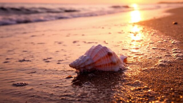 A seashell lies on the beach at sunrise with the warm glow reflecting off the wet sand and gentle waves in the background