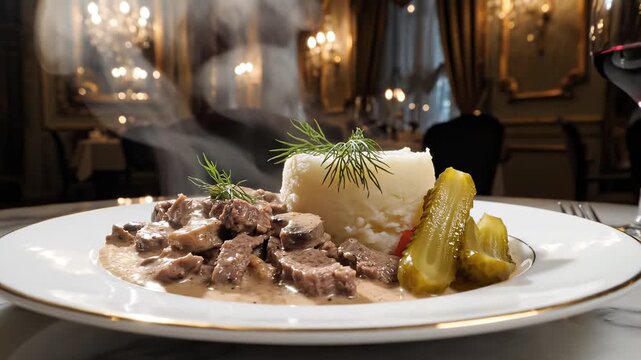 Beef stroganoff with mashed potatoes and pickles steaming on a white plate in a luxury restaurant. Gourmet fine dining and elegant hospitality concept background.