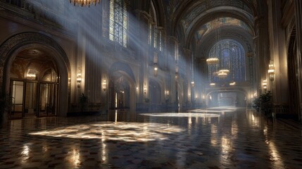 Obraz premium Ornate interior hall features dramatic shafts of light illuminating a highly polished floor