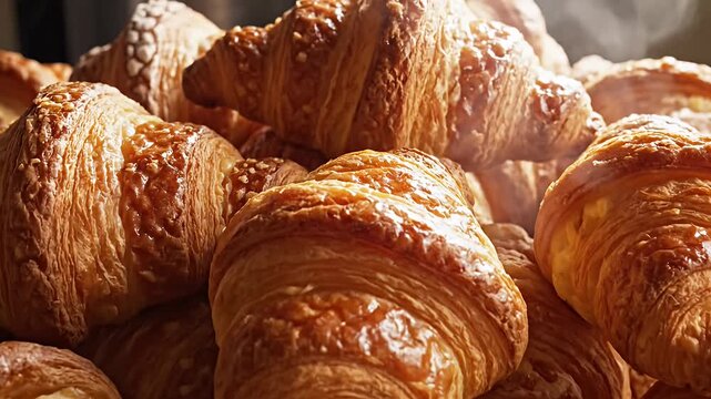 Warm golden croissants piled high, some with sweet filling