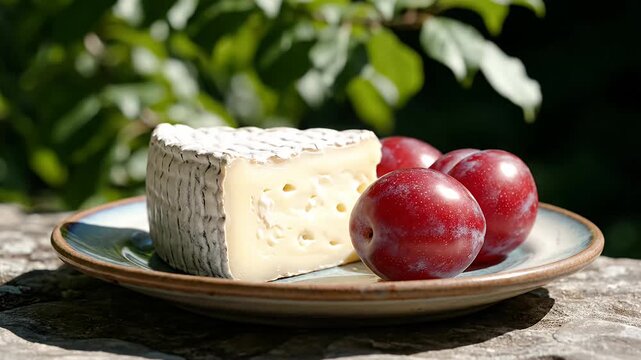 Wedge of soft cheese and red plums on plate outdoors