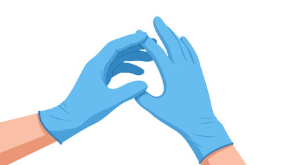 Doctor or nurse putting on sterile blue medical gloves. Healthcare and hygiene concept vector illustration with copy space.