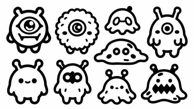 Collection of funny blob monsters with expressive faces in a playful illustration