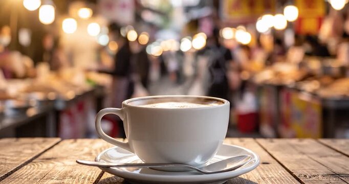 Coffee cup on wooden table at bustling evening market