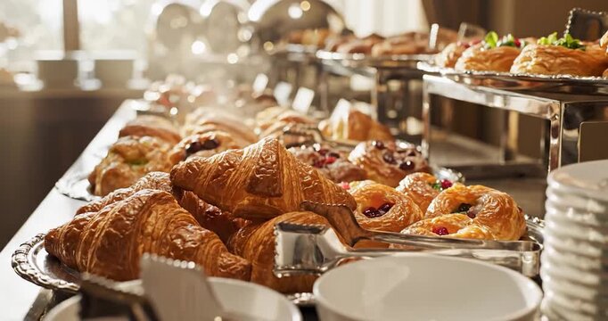 Delicious buffet breakfast with croissants and pastries in hotel restaurant