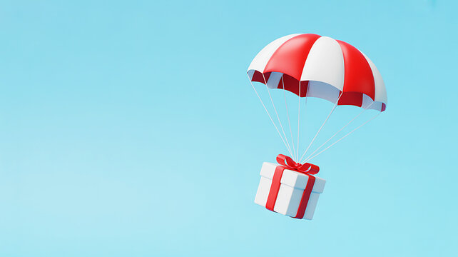 Surprise gift box delivered by a vibrant red and white parachute against a clear blue sky. A festive 3D illustration
