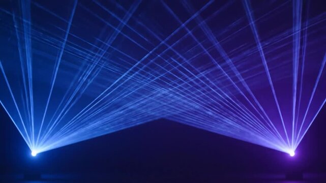 Abstract image of blue and purple laser beams radiating from two points against a black backdrop