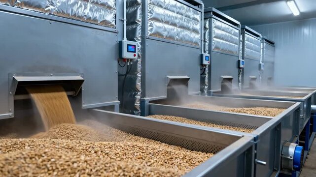 Medium shot showing insulated bins in a seed conditioning facility maintaining stable temperatures for gentle drying and preserving seed viability.
