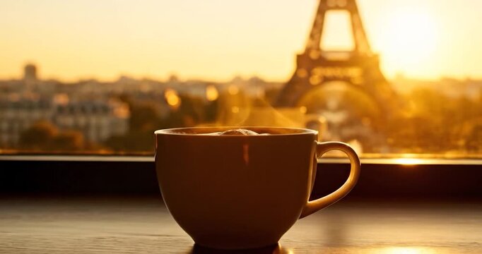 Morning coffee with Paris Eiffel Tower view at sunrise