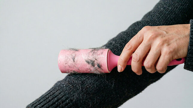 Person using lint roller to remove pet hair from sweater  
