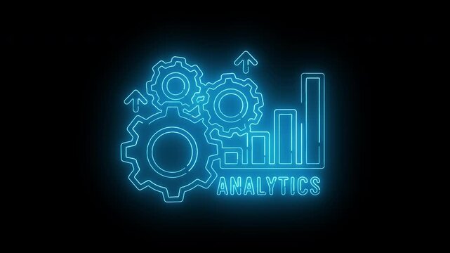 Neon-lit illustration of interlocking gears, bar graph, and analytics text on a black background with blue glow.