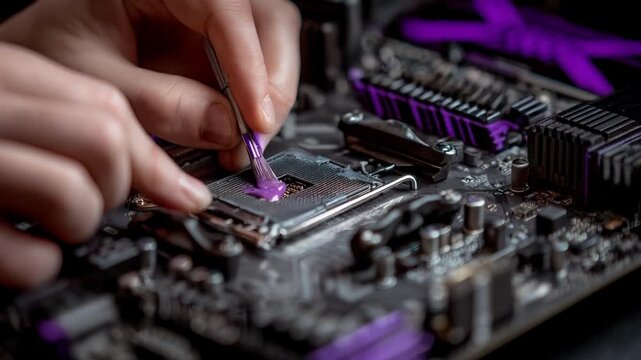 Closeup of hands precisely applying advanced thermal paste on a CPU enhancing cooling performance during intense gaming sessions in a modern desktop setup