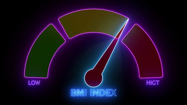 B M I index gauge meter with needle pointing to range neon lit background bmi index body mass index weight gauge