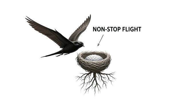 A swift bird with wings spread flies towards a nest with roots, symbolizing non-stop flight and its connection to home