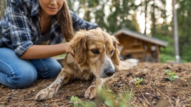 Closeup medium shot of a pet owner treating a dogs outdoor resting area with ecofriendly tick control solutions for safe pest management.