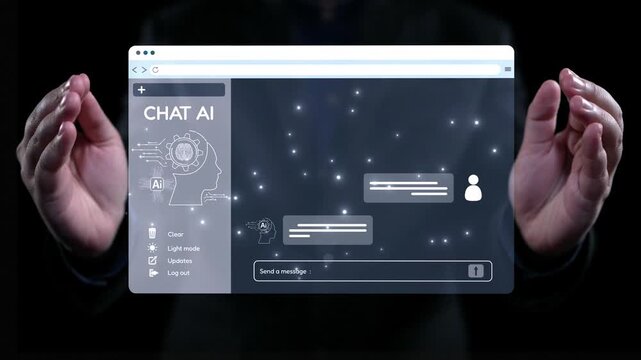 A futuristic interface demonstrating chat AI technology held in hands, featuring digital message interaction and highlights on innovative communication tools. Qubit