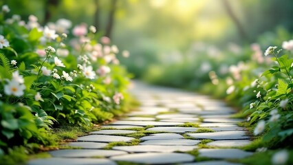 Curved stone pathway through blooming garden with soft morning sunlight.