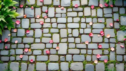 Top view cobblestone pavement with scattered pink petals and green leaves.