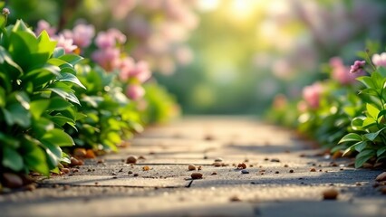 Garden pathway with blooming flowers and soft golden morning light.