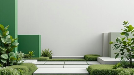 Modern minimal podium with green plants and clean white background.
