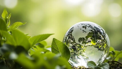 Fototapeta premium Glass Globe on Green Leaves Earth Reflection