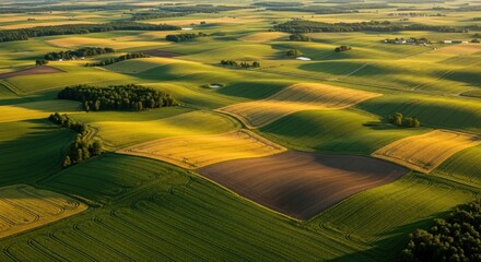 Obraz premium Rolling Green Agricultural Fields at Golden Hour, Aerial View