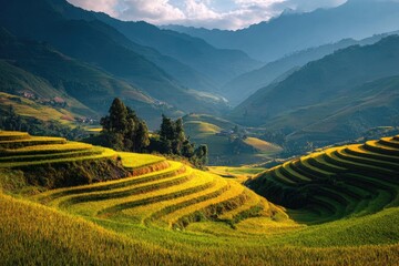 Golden rice terraces cascade down lush green mountains under soft sunlight