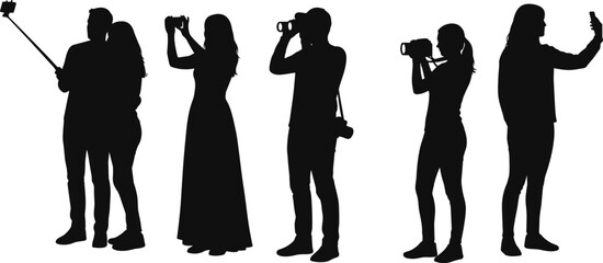 Photographer and tourist silhouettes collection, people taking photos with camera and smartphone isolated vector illustration on white background
